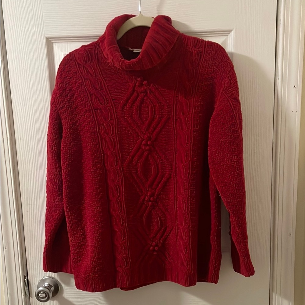 Red Cable Knit Turtleneck Sweater